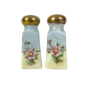 Antique Porcelain Salt & Pepper Shakers Set 3.5" Tall Gold Floral Design Bavaria